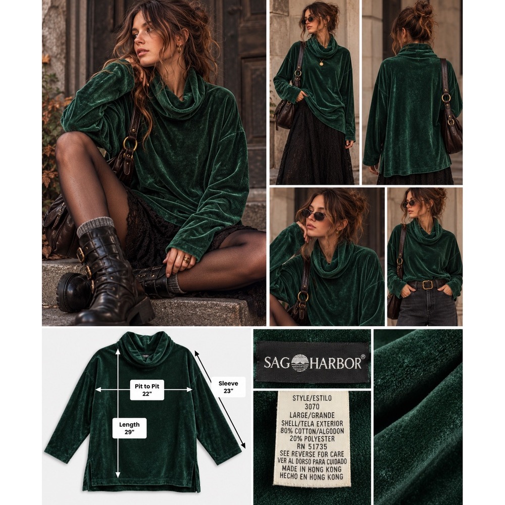 Vintage 90s Whimsigoth Sag Harbor Green Velour Cowl Neck Tunic Top L Goth Witchy